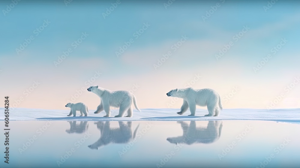 Poster a polar bear and her cub walking across a frozen lake in the snow with the sky in the background and