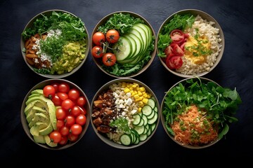 A set of vegetable salads in ceramic bowls. Cherry tomatoes, avocado, lettuce, arugula, feta cheese, microgreen, corn, nuts, rice, and salad dressing. Healthy food, balanced diet. Generative AI.