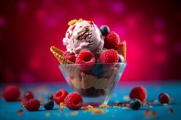 Ice cream with fresh raspberry, blueberry, and crispy waffles in a glass bowl on a bright background. Summer desserts, sweets for children. Generative AI.