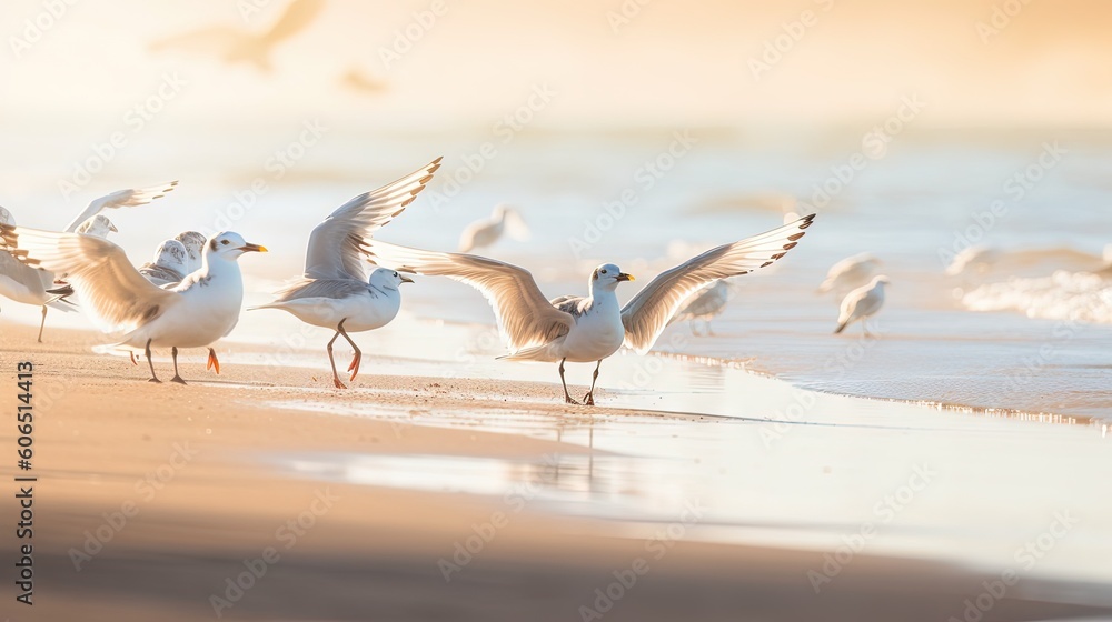 Poster a group of seagulls standing on a beach next to the ocean with a flock of birds in the background on