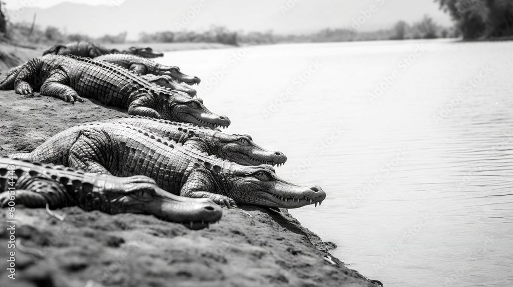 Poster  a row of alligators resting on the shore of a lake in black and white photo with mountains in the distance in the distance in the background.  generative ai