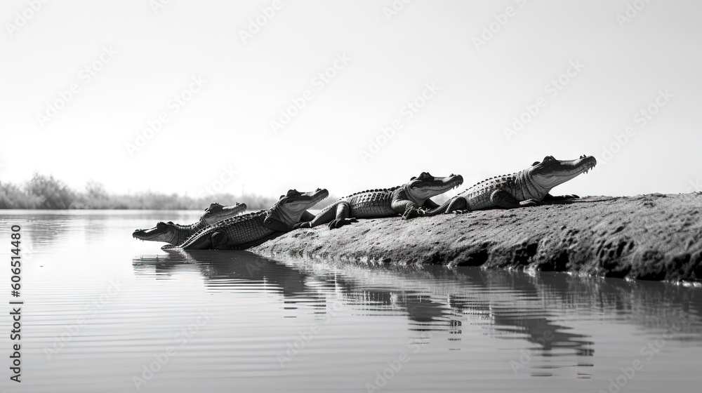 Poster a group of alligators resting on the shore of a lake in black and white photo by a lake shore with g