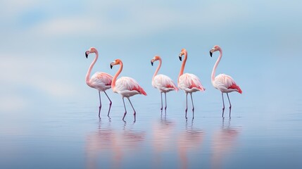  a group of pink flamingos standing in the water with their beaks in their beaks and their legs in the water, with a blue sky in the background.  generative ai