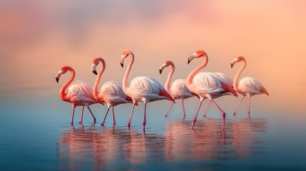 Plakat a group of flamingos standing in the water with their beaks in their beaks and their necks in the water, with a pink and blue background. generative ai