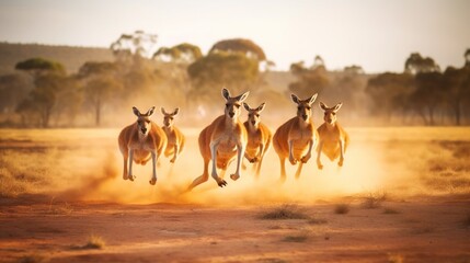 Fototapeta na wymiar a group of kangaroos running across a dirt field with trees in the background and dust in the foreground, with dust in the foreground. generative ai
