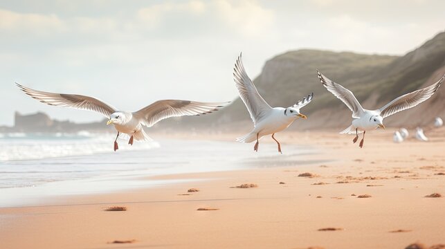  three seagulls flying over a sandy beach next to the ocean on a sunny day with a cliff in the background and a body of water in the foreground.  generative ai