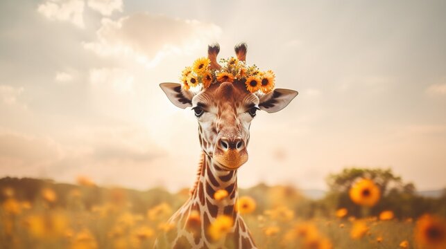  a giraffe standing in a field of sunflowers with a head full of flowers on its head and a sky background with clouds.  generative ai