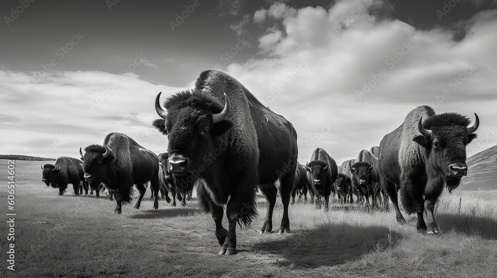 Poster a herd of bison walking across a dry grass field in a black and white photo with clouds in the sky b