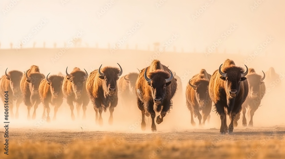 Poster  a herd of bison running across a dry grass field in the sun with dust blowing in the air and dust blowing in the air behind them.  generative ai