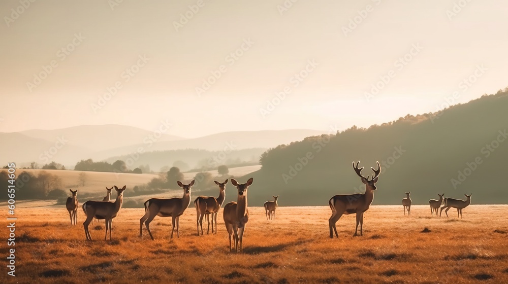 Poster a herd of deer standing on top of a dry grass field next to a forest filled with trees on a hazy day