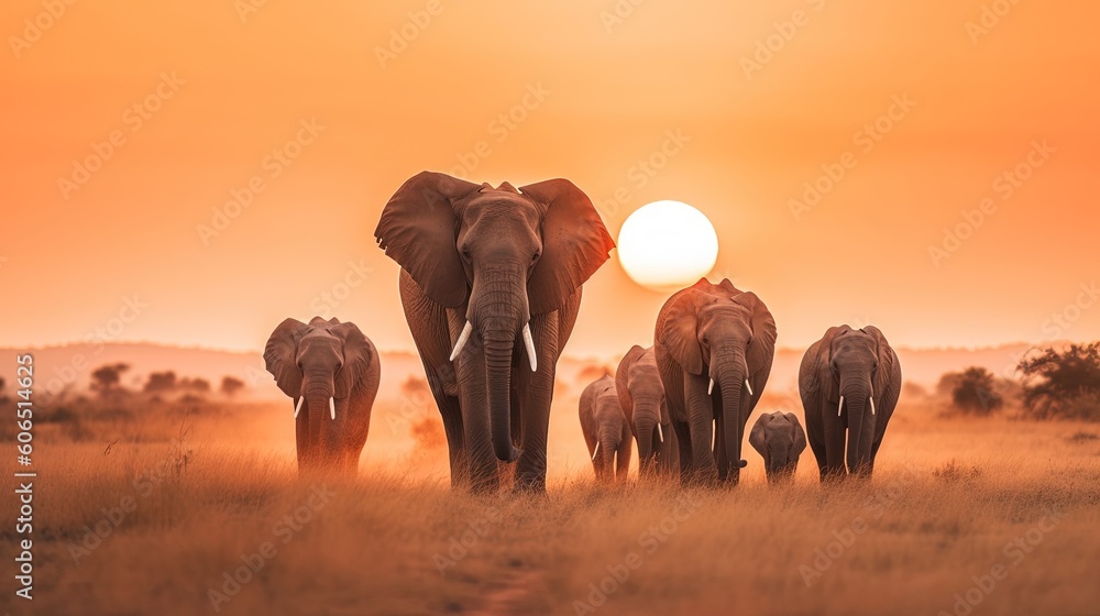 Poster a herd of elephants walking across a dry grass field at sunset with the sun in the background and a 