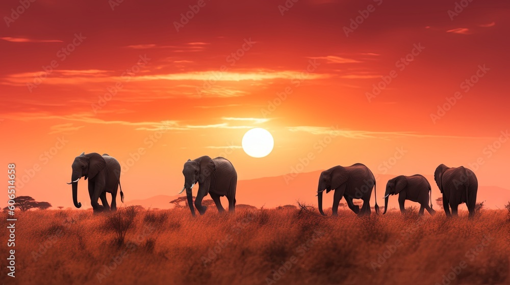 Aufkleber a herd of elephants walking across a dry grass covered field at sun set in the distance with a red s