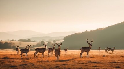Fototapeta na wymiar a herd of deer standing on top of a dry grass field next to a forest filled with trees on a hazy day in the mountains. generative ai