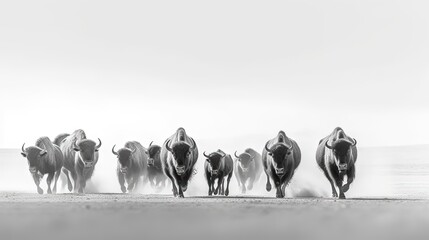  a herd of wild animals walking across a beach next to the ocean on a foggy day in black and white photo by a photographer.  generative ai