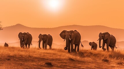 Fototapeta na wymiar a herd of elephants walking across a dry grass covered field under a yellow sky with mountains in the distance in the distance are a few trees. generative ai