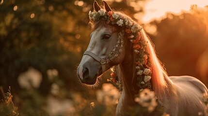 Fototapeta na wymiar a horse with a flower crown on its head in a field of grass and flowers in the sun set behind it, with trees in the background. generative ai