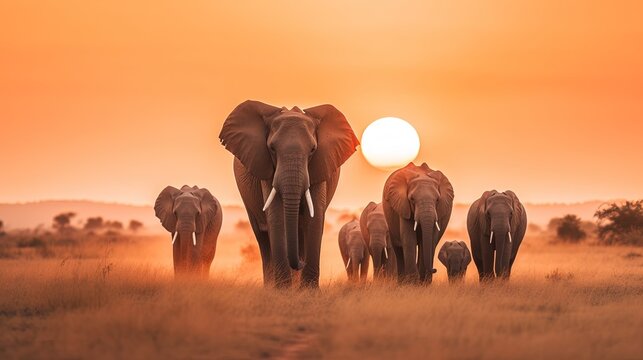 Fototapeta  a herd of elephants walking across a dry grass field at sunset with the sun in the background and a few trees in the foreground.  generative ai