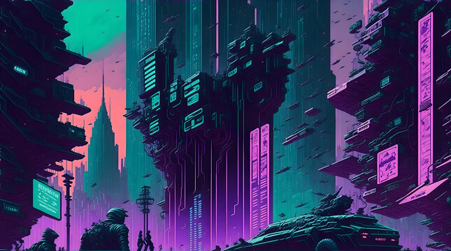 Cyberpunk night city with castle and towers Generated AI