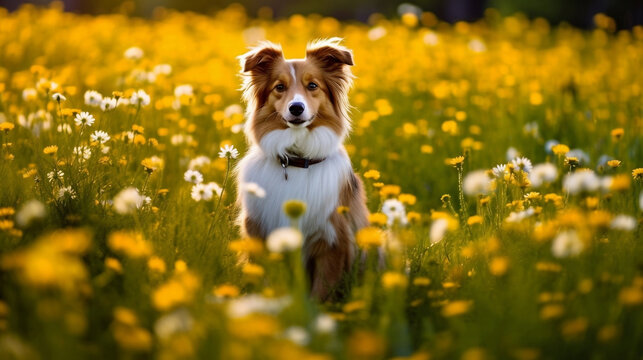dog in a field of sunflowers