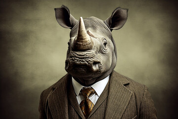 An old traditional businessman Rhinoceros in a suit and tie, Generative AI