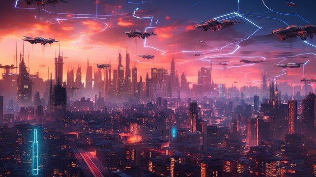 A futuristic city with a lot of planes flying over it. Generative AI image.