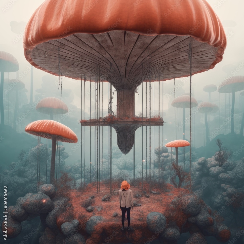 Poster a person standing in front of a giant mushroom. generative ai image.