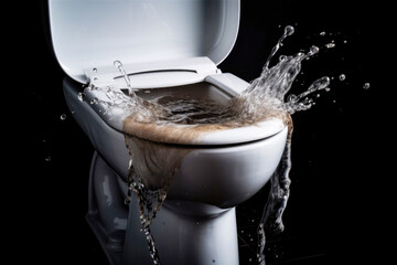 Clogged sewer system. Water rises from the toilet bowl. Created with Generative AI technology.