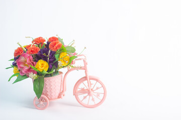 Bicycle Basket Full Of Daisies Photographed In Studio White Background