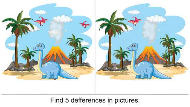 Dinosaurs live among the volcanoes. Find 5 differences in the picture.