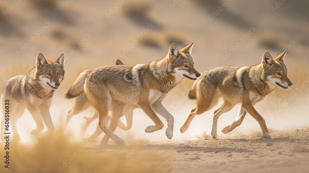 Poster  a group of three wolfs running across a dirt field in the wild with dust blowing up around them and a blurry background behind them.  generative ai