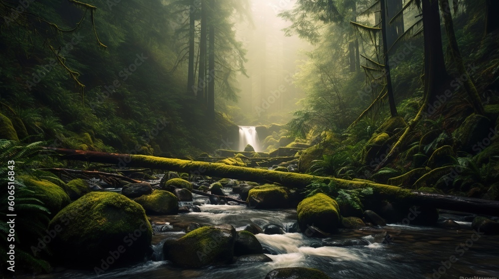 Poster a stream running through a lush green forest filled with lots of mossy rocks and trees with a waterf