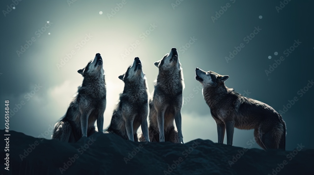 Poster a group of three wolfs standing on top of a hill looking up at the sky with the moon in the backgrou