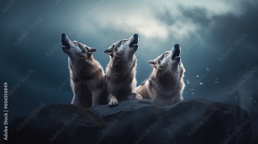 Poster three wolfs are standing on a rock and looking up at the sky with their eyes closed and their mouths