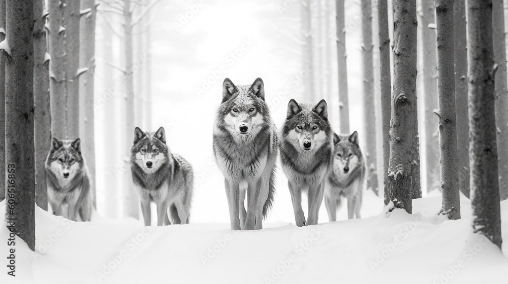 Fototapete a group of wolfs standing in the snow in front of a group of trees in a forest with snow on the grou
