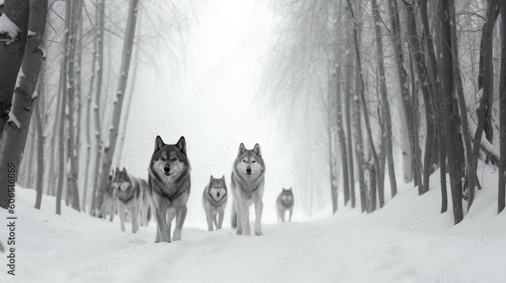 Poster a group of wolfs walking through a forest in the snow with trees in the foreground and snow on the g