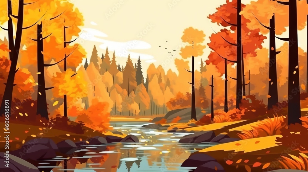 Poster a painting of a river surrounded by trees in the fall with leaves on the ground and rocks in the for