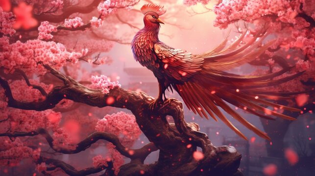  a painting of a bird perched on a branch of a tree with pink flowers in the background and a pink sky in the foreground.  generative ai