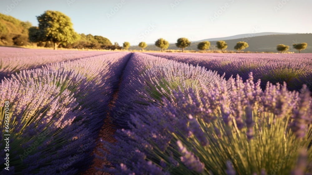 Poster a field of lavender flowers with trees in the background and a blue sky in the distance with a few c