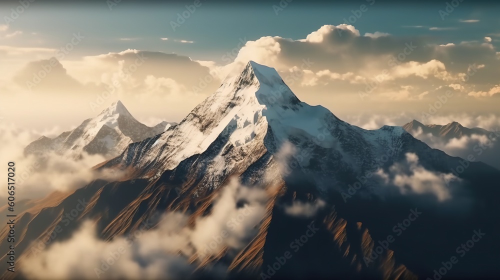 Poster a very tall mountain with a lot of clouds in the sky above it and a few clouds in the sky above it a