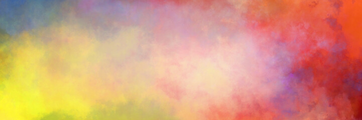 Fototapeta premium Soft splash watercolor background in bright colorful painted design, red yellow blue purple and pink blotches or blobs, abstract sunrise or sunset illustration in artsy background