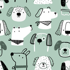 Vector hand-drawn color seamless repeating childish simple pattern with cute dogs, bones in Scandinavian style on a mint background. Children's texture with dogs. Dogs print. Pets.