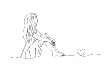 The sitting girl looks up in anticipation. Hand drawn illustration in the style of a continuous line.