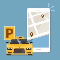 Servizio taxi online su cellulare illustrazione   isolato, stile cartone piatto di smartphone, taxi in bubble speech e mappa posizione destinazione