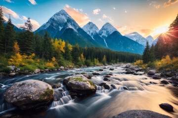 Fototapeta na wymiar Digital landscape photo of mountains river, waterfall. Concept of ecological environment. Generative AI