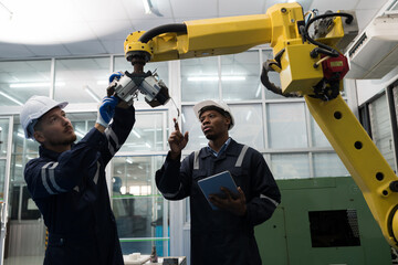 Teamwork of male engineer using laptop computer inspecting quality automatic robotic arm at...