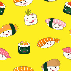 Cute funny asian japanese sushi character seamless pattern.