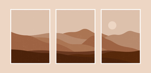 Abstract mountain landscape collage. Modern boho horizon panorama, geometric nature wallpaper. Vector minimal poster set