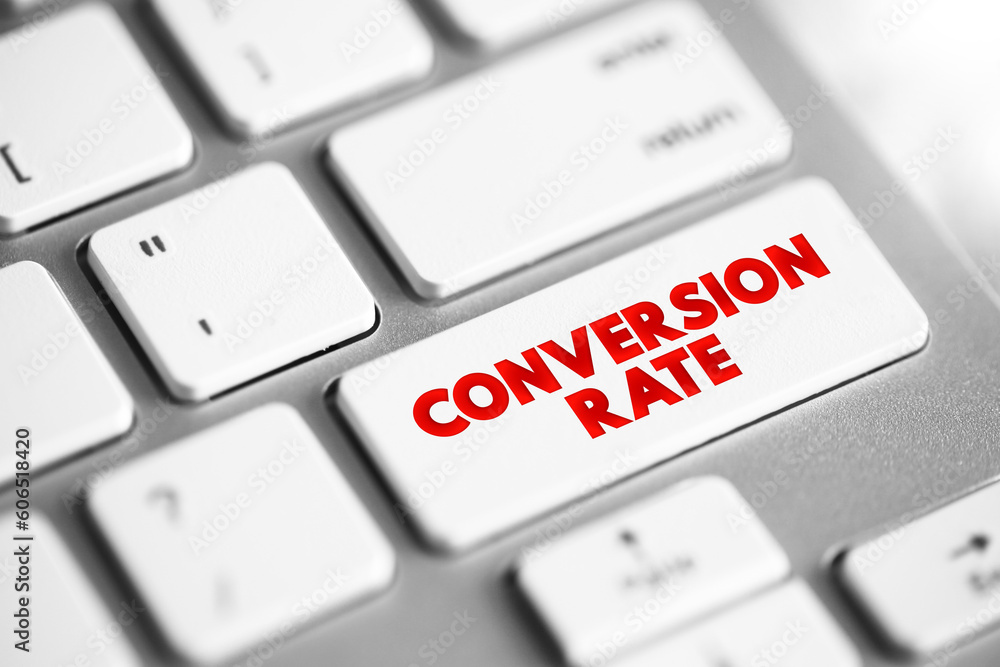 Aufkleber conversion rate text button on keyboard, concept background