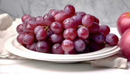 Juicy purple bunch of grapes on a plate, isolated. Generative AI