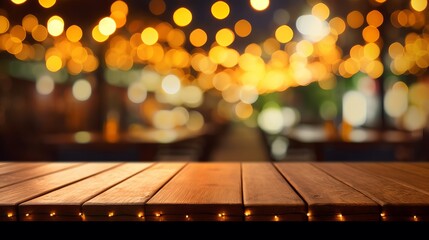Empty wooden table top with lights bokeh on blur restaurant background, Generative AI